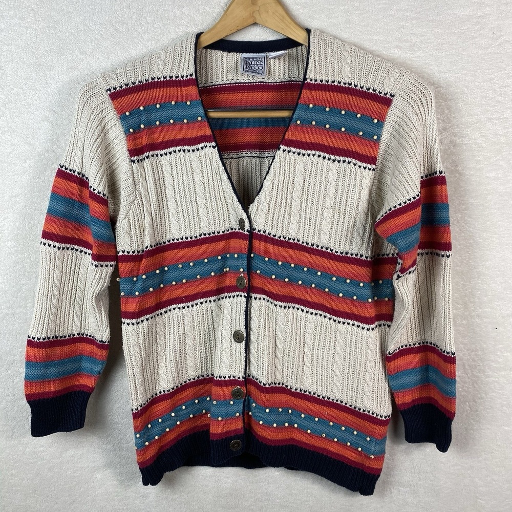 Vtg Russ Sport Silk Blend Granny Cardigan‎ Sweater Beaded Striped Pink Size PL